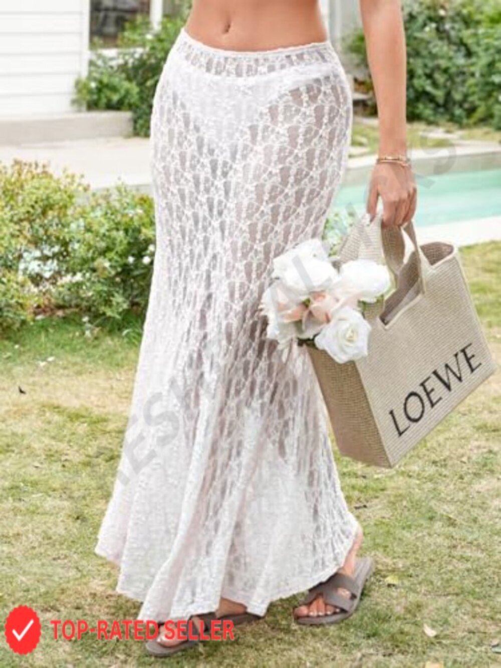 Sheer Lace Maxi Skirt High Waist A-Line Flowy Y2K Beach Cover Up Casual Long - Picture 3 of 7